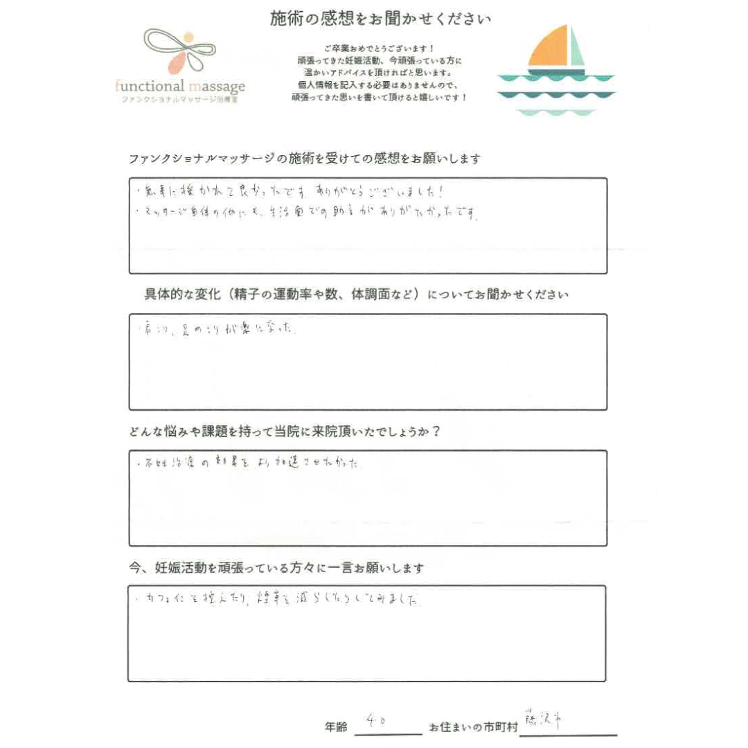 不妊治療・不妊鍼灸サロン ファンクショナルマッサージ治療室にご来院いただいた男性の直筆アンケート